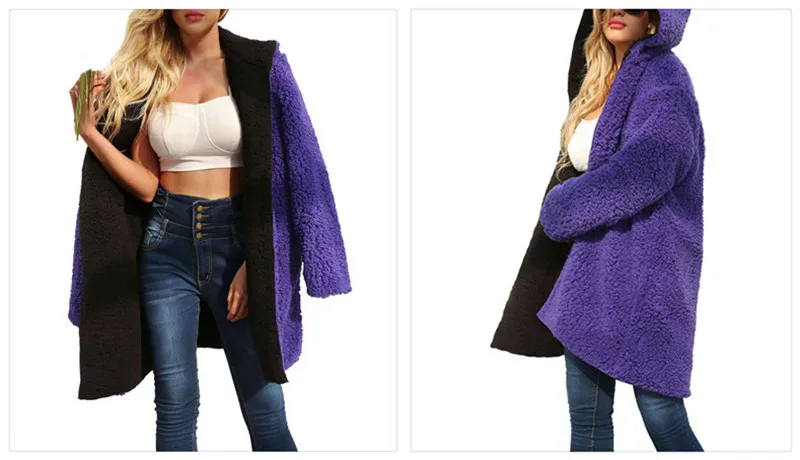 European and American plus-size high quality color matching coat with plush hooded overcoat on both sides (11)