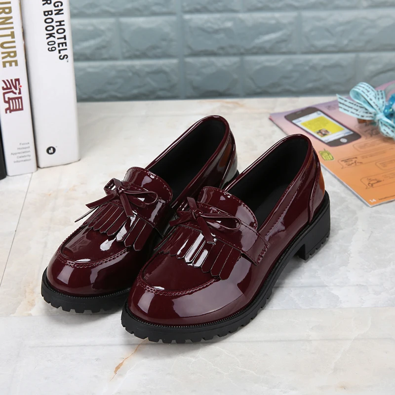 

2019 wine red balck fashion fringe bowknot casual round toe women flats Retro Brogues slip on female oxfords zapatos de mujer