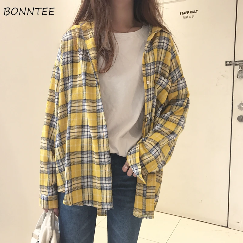 

Shirts Women Retro Trendy Plaid Students Loose Tops Spring Womens Korean Style Single Breasted Leisure Long Batwing Sleeve Shirt
