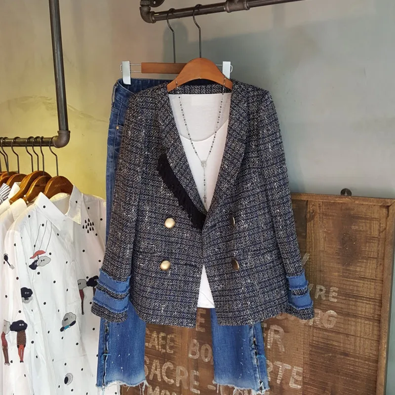 

2019 Fashion High Quality OL Autumn Winter Plaid Pearl Buttons Blazer Women Notched Collar Tweed Suit Jacket Cardigan Outerwear