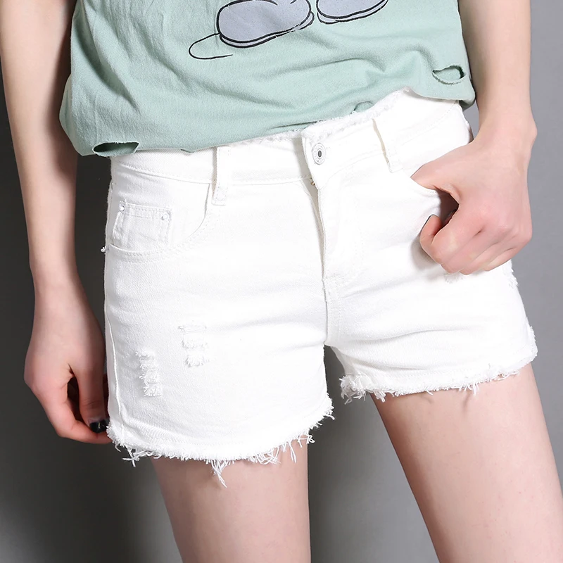 CTRLCITY White Women's Jeans Mid Waist Denim Shorts Stretch Slim Jeans