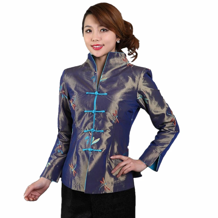 

Navy Blue Embroidery Animal Female Satin Jacket 2017 Autumn New Coat Chinese Ladies Classic Outwear Size M L XL XXL XXXL YZ53