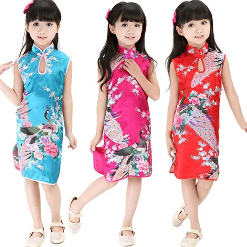 Children Girls Chinese Cheongsam Floral Peacock Lapel Sleeveless Summer Dress
