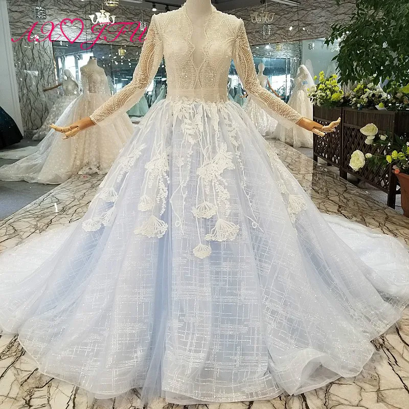 AXJUF luxury princess blue lace pearls illusion wedding dress dubai