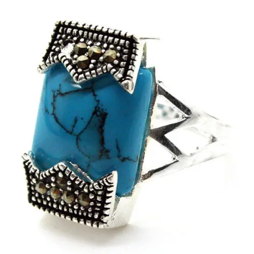 

good Bridal Wedding 12*20mm Fashion 925 Sterling Silver Blue stone Turquoiser Marcasite Ring Size 7/8/9/10