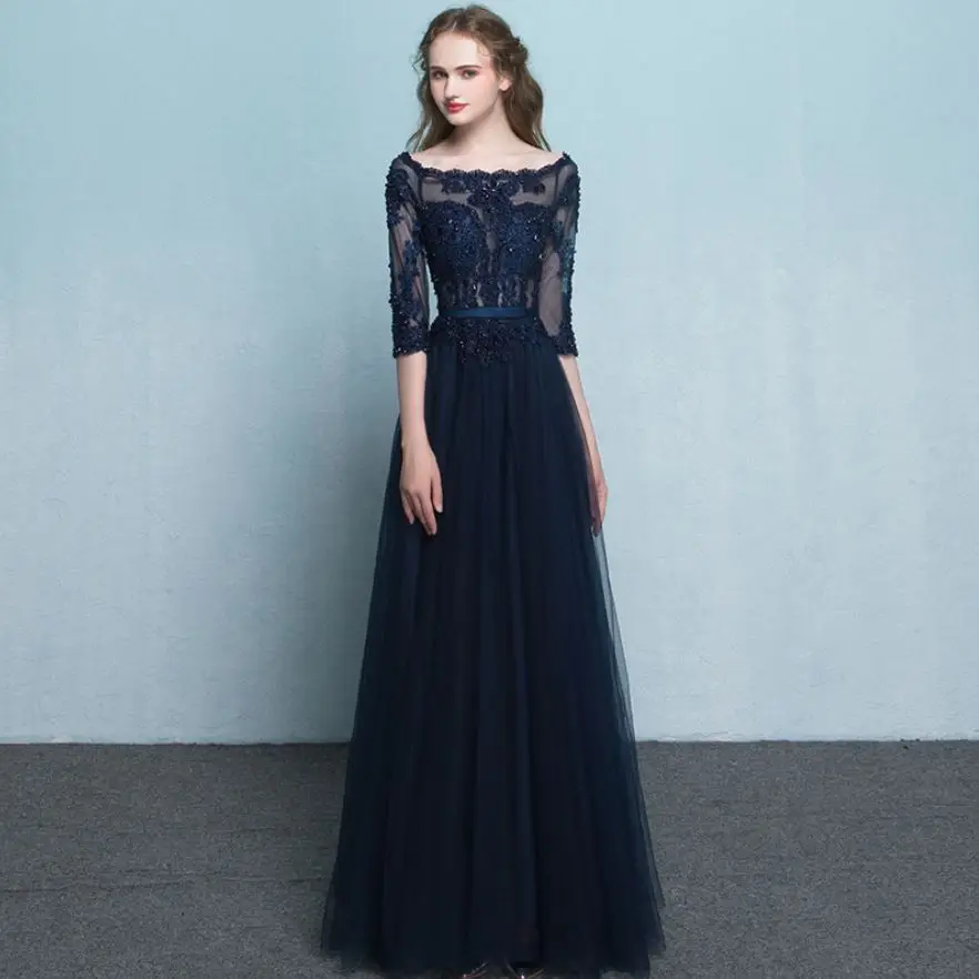 navy blue Гостей свадьбы dress2019 из кружева, с вырезом на шее Половина рукава чешские темно-голубое платье для подружки невесты длинные robe demoiselle d'honneur - Цвет: navy blue