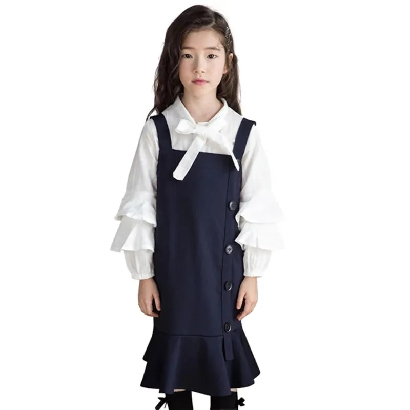 

2019 long dress age for 4-12 year children Girls Clothing 2 pcs/sets Spring and autumn T-shirt + strap dress big girls clothes