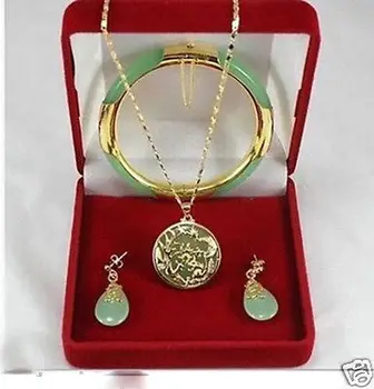 

free shipping New Jewelry green stone necklace pendants earrings bracelets Set