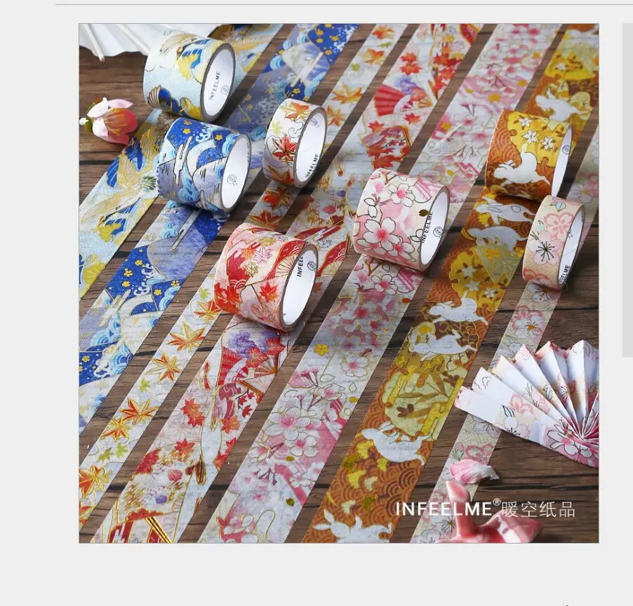 

3Rolls/lot Gold foil flying crane cherry blossom red leaves rabbit mountain sea washi tape DIY Planner scrapbooking masking tape