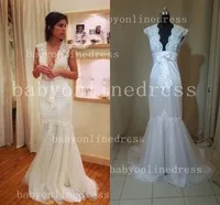 Real Photos 2014 New Arrival Vestido De Noiva White Cap Sleevs Deep V Neck Appliques Lace Mermaid Wedding Dresses Free Shipping