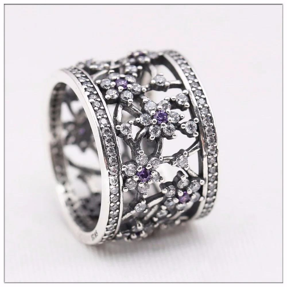 Silver ring Compatible with Brands Jewelry Flower Purple&clear Cz Daisy ring Original 925