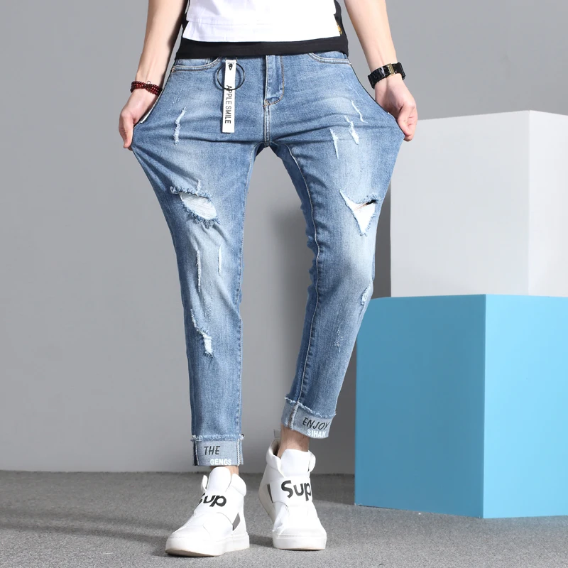 

2019 High Quality Ripped Blue Jeans For Men Slim Fashion Holes Design High Street Hip Hop Casual Skinny Jeans Men Denim Pants