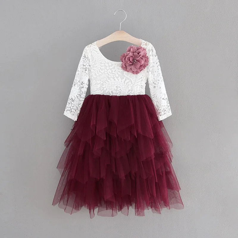 Girls Long Sleeve Dresses Pearl applique Lace Tiered Tulle Gauze Long ...