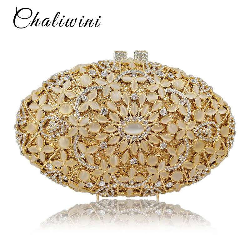 

Custom made Diamond Opal Flower Shape Women Gold Crystal Clutch Hard Metal Bridal Clutches Handbag Wedding Purse Evening Bags