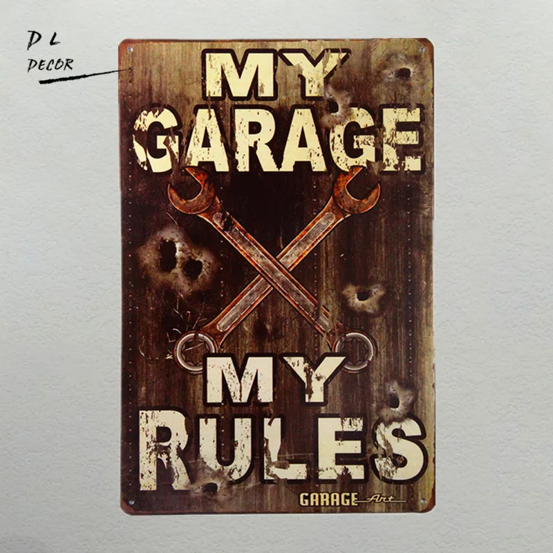 DL-My Garage-My Rules Знак Винтажный стиль из 24 гаражного металла с ржавыми углами для винтажного знака