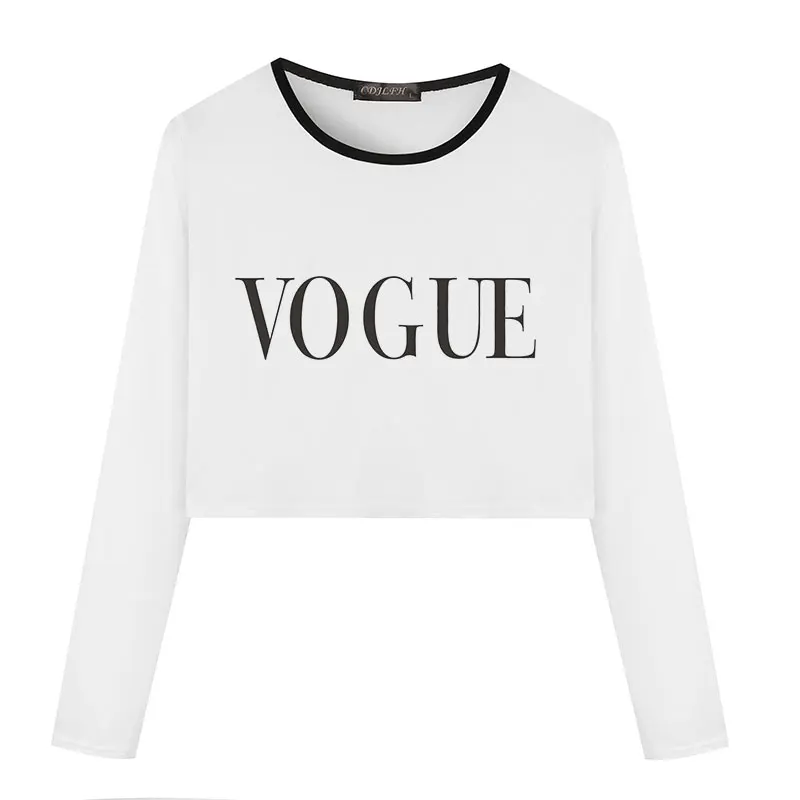 

Women White Tshirt New Fashion VOGUE Printed Ulzzang Harajuku Kawaii T Shirt Long Sleeve Crop Top Casual Female Cropped Tee Tops