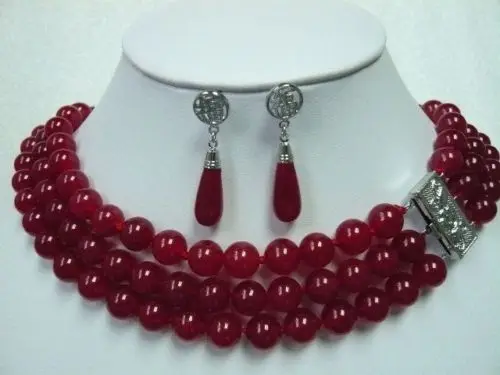 

shipping Fancy 3 Row Green/Red Jade Necklace Earring Ring Set