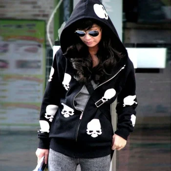 

New Fashion Women Hoodies Sweatshirt Autumn Winter Long Sleeves Zip-up Skull Head Printed Moletom Feminino