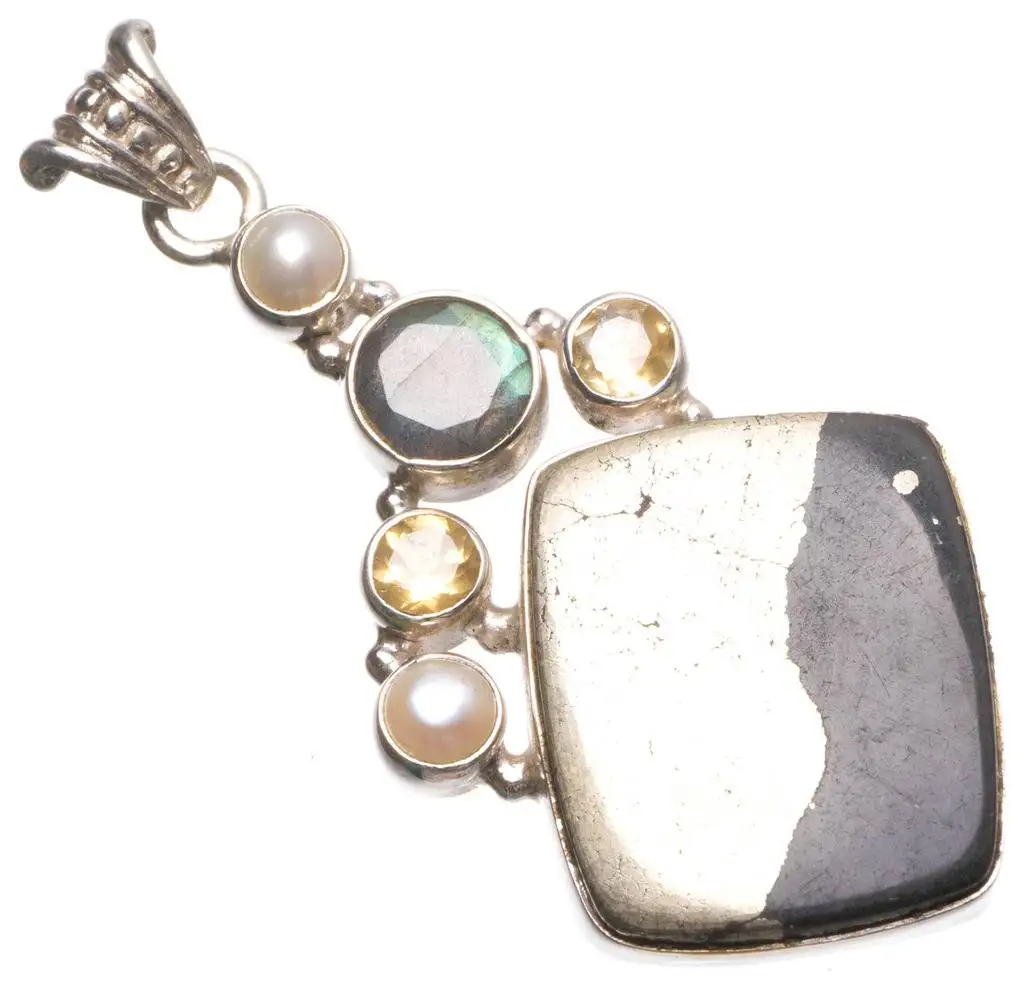 

Natural Apache Gold Stone,Labradorite,River Pearl Citrine Boho 925 Sterling Silver Pendant 2 1/4" U0294