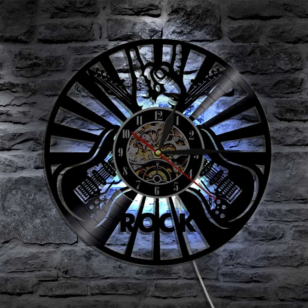 1 шт гитара и Drum Kit Виниловая пластинка настенные часы рок-н-ролл стены тактовый инструмент часы Drummer гитарист подарок для меломана - Цвет: With Led