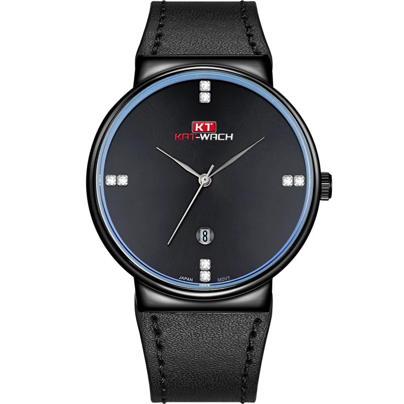 

KAT-WACH Fashion Watch Black Metal Case with Diamonds Dial Date Function Quartz Movement Slim Watch for Men
