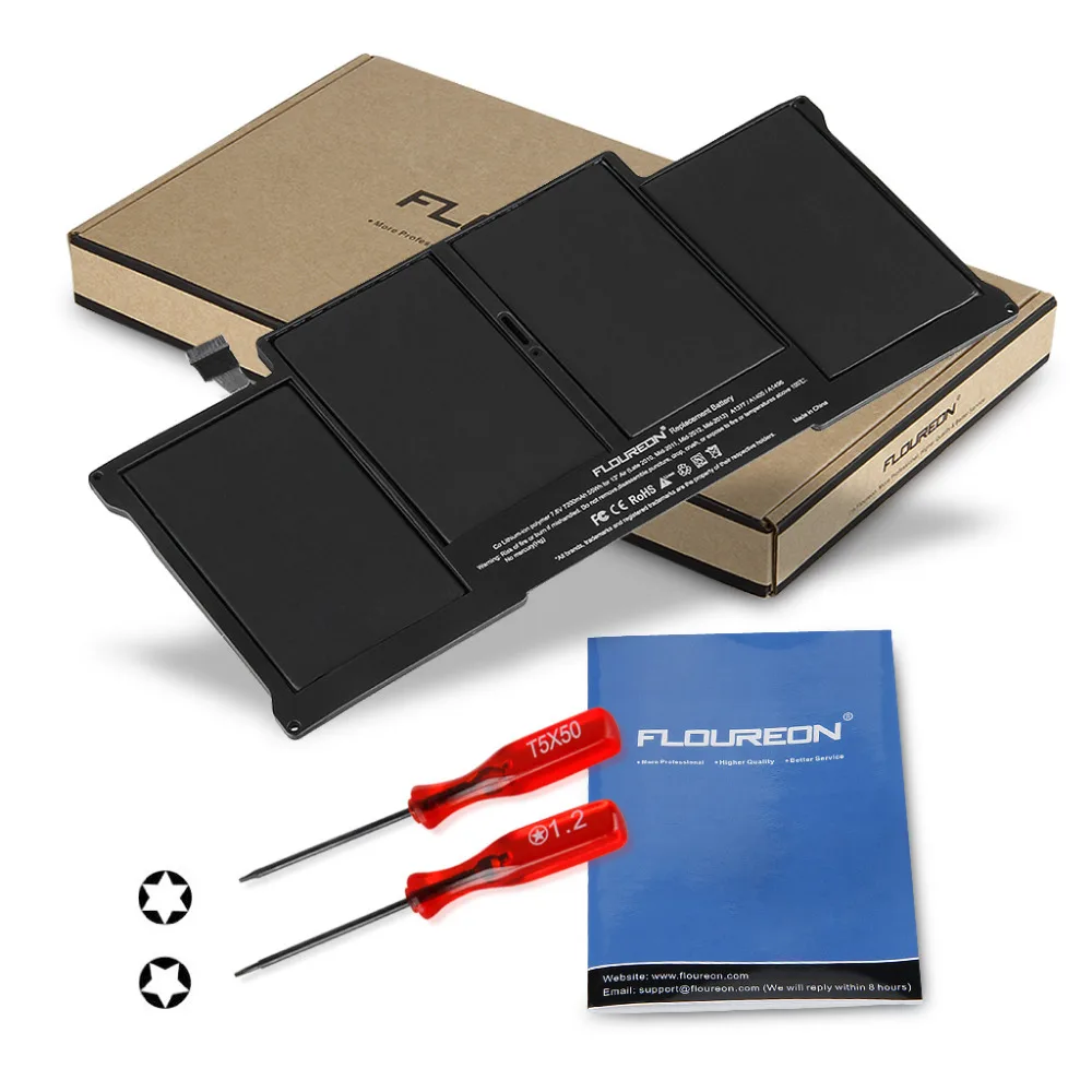 Floureon ноутбук Батарея 7,6 V 7200 мА/ч, 55Wh Lipo Батарея для Apple MacBook Air 1" A1377 A1405 A1496 черный