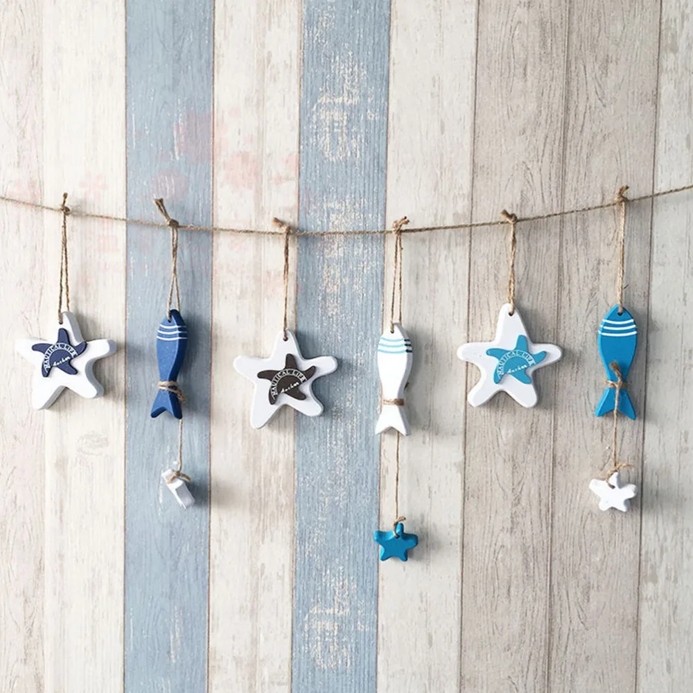 

1Pc Random Color Adorn Wood Crafts Mediterranean Starfish Hung Fish Nautical Decor Hang Decorated Marine Pendant For Kid Room