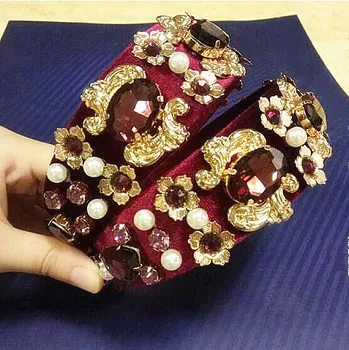 

Hot selling Fashion luxury crystal pearl metal carved flannel wide hair hoop trendy vintage tiara headwear women headband 2016