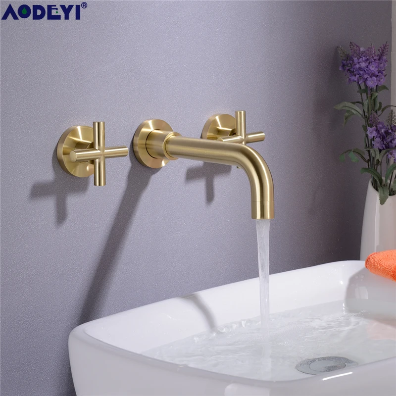 Billige Matte Schwarz Messing Doppel Griff Wand Montiert Bad Waschbecken Wasserhahn Hot   Cold Becken Wasserhahn Schwarzen Hahn