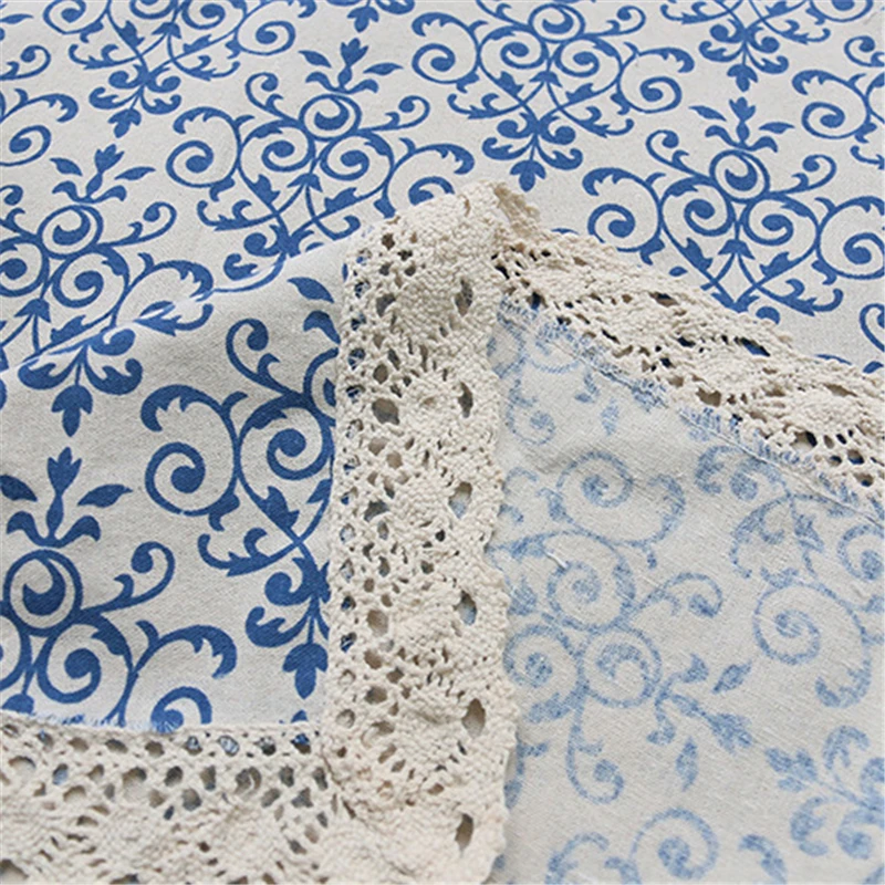 Retro Classic Lace Printed Table Cloth Cotton Linen Blue Floral Rectangle Dining Table Cloth For Home Picnic Kitchen Table Cover
