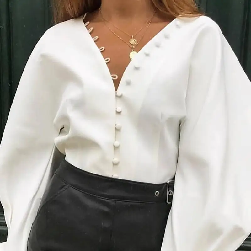 Блузка с рукавом-фонариком, Женская Сексуальная Блузка с длинным рукавом и v-образным вырезом, осенняя однотонная белая рубашка на пуговицах, Элегантная Женская рабочая одежда, топы, блузы