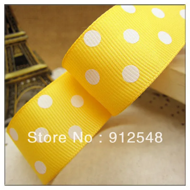 

Free shipping 1" (25mm) Grosgrain ribbon Polka Dots printed yellow ribbon with white dots, DIY hairbow accessories,ZYD001