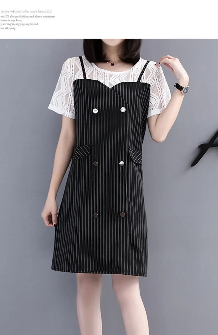 Summer Fake Two Pieces Dresses Women 2018 Fashion Striped Dress Lace Patchwork Robe Femme Short Sleeve Plus Size Vestidos Mujer (3)