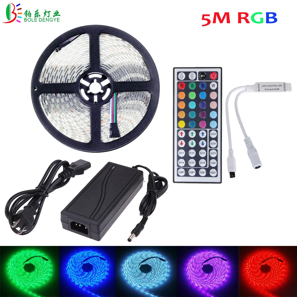 cheap RGB LED Strip 5M Full Kit 5050 LED Ribbon Light Waterproof Decoration Tape With 44Key Remote RGB Controller 12V 5A Adapter