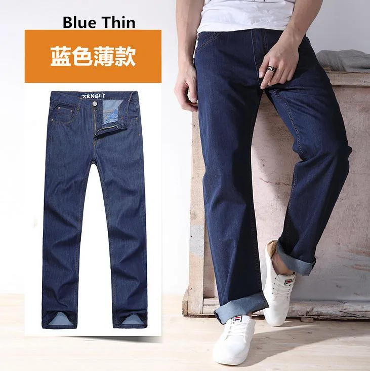 Классические мужские свободные прямые джинсы, хлопковые мужские джинсы для отдыха размера плюс 29-48, модные чистые джинсовые длинные брюки, брюки-карго - Цвет: Blue Thin