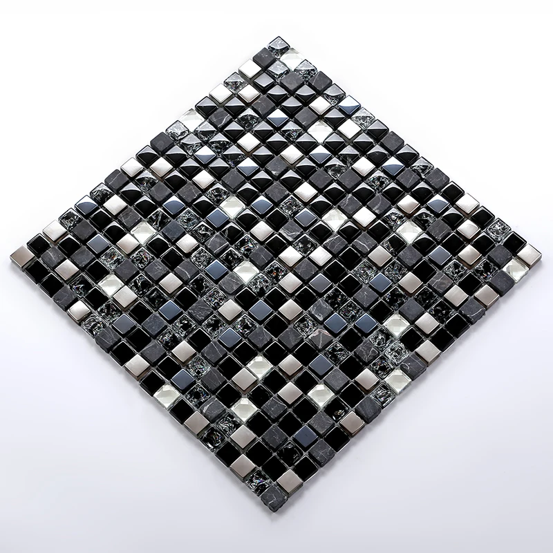 

15mm Black Marble Stone mixed Metal Crystal Glass Mosaic Tiles for Kitchen Backsplash Bathroom Shower Bar Euro Wall Decoration