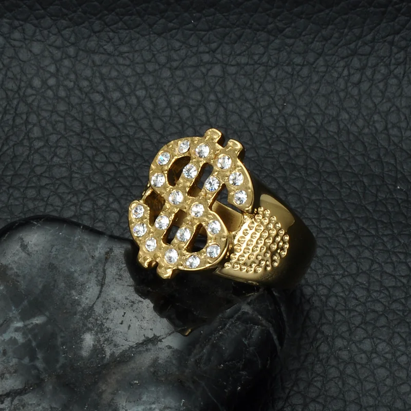 Хип-хоп нержавеющая сталь рок Льдом Из Bling золото Цвет Титан Доллар США знак печатки кольца для мужчин ювелирные изделия для подарка