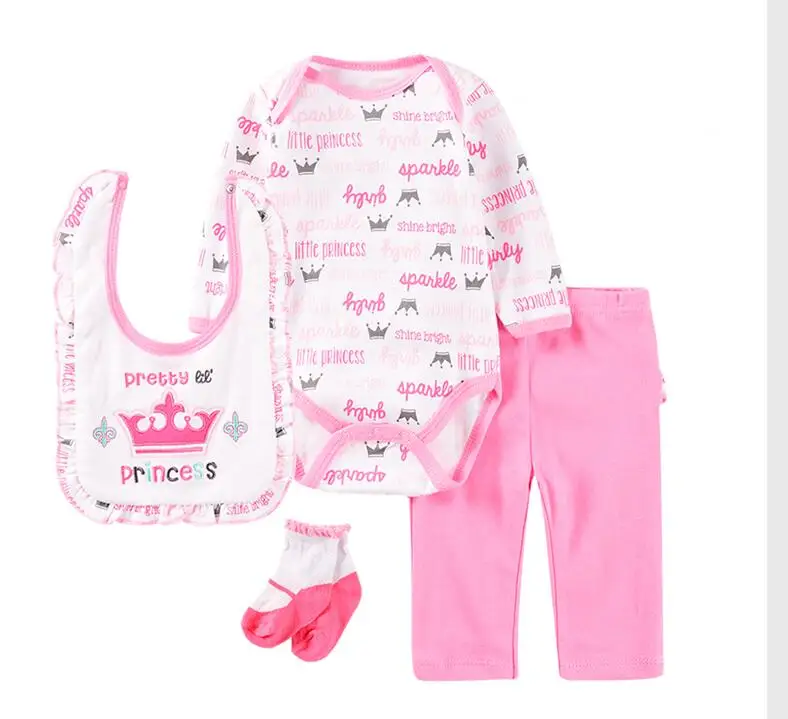 Модные комплекты одежды для малышей, милая хлопковая одежда для маленьких девочек, костюм для новорожденных мальчиков, 4 предмета, боди с длинными рукавами для младенцев+ штаны+ носки+ шапка - Цвет: color as photo