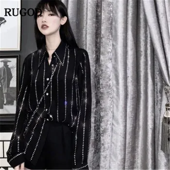 

RUGOD 2019 Fashion diamonds beading women shirts long sleeves turn-down collar party wearing elegant women tops and blouses