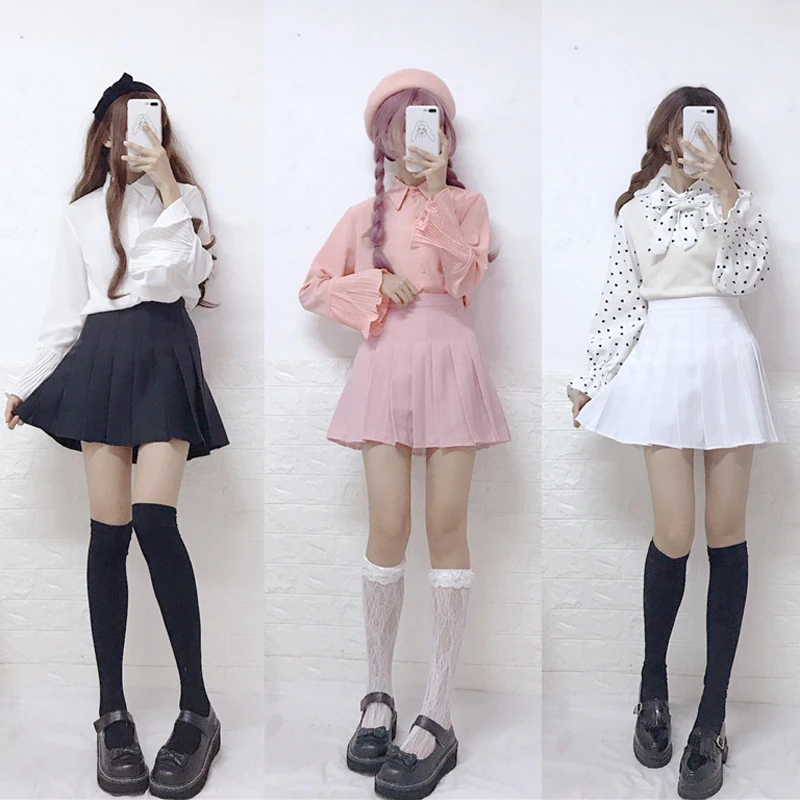 

2019 New Summer Skirt Womens Pleated Skirt Candy Color Loose High Waist Harajuku Black Skirt Female #168