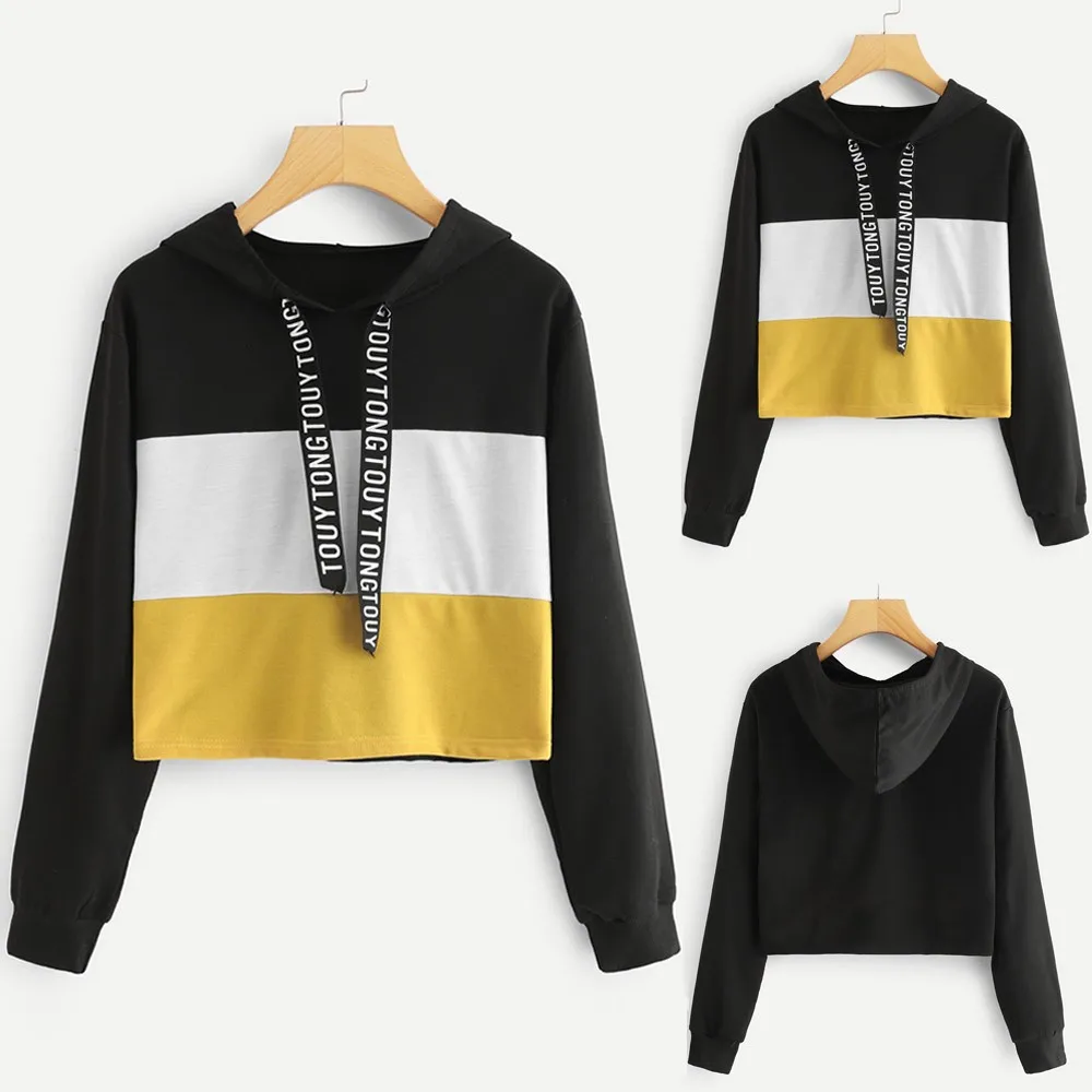 

Hoodies Sweatshirt For Women Casual Long Sleeve Letter Print Tape Drawstring Hoodie Colorblock Patchwork Top Pullover HX0527