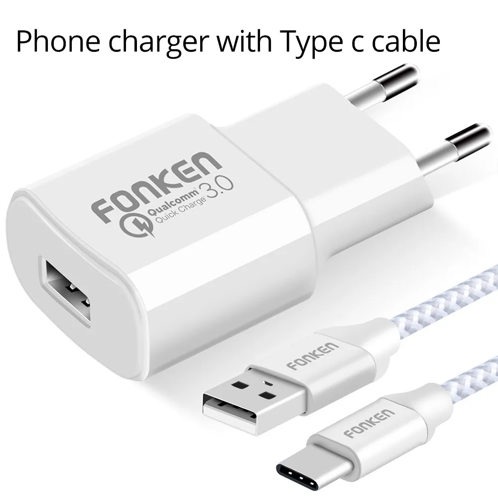 FONKEN Quick Charge 3,0 USB зарядное устройство Быстрая зарядка QC 3,0 2,0 18 Вт с быстрым зарядным кабелем настенный адаптер для мобильного телефона зарядное устройство s - Тип штекера: white with type c