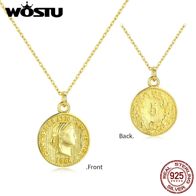 

WOSTU 100% 925 Sterling Silver Necklace Round Portrait Coin Culture Gold Color Long Chain Necklace For Women Jewelry CQN339