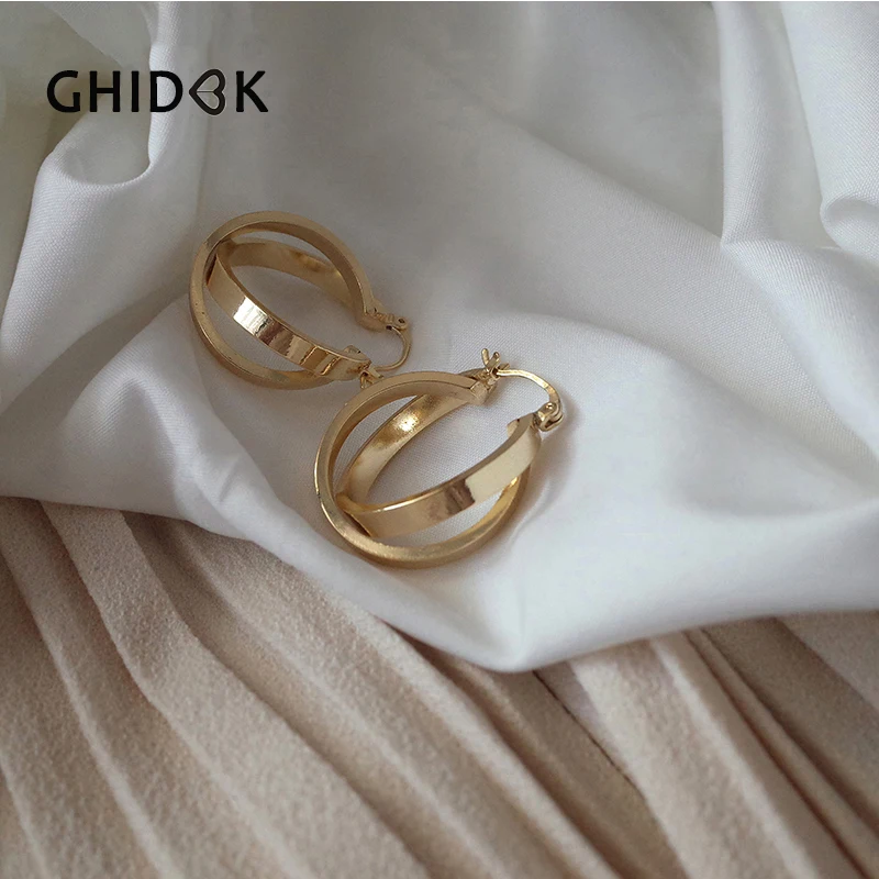 

GHIDBK Gold Silver Color Double Circle Hoop Earrings for Women Geometrical Metal Hoops Earrings Minimalist Big Earrings Jewelry