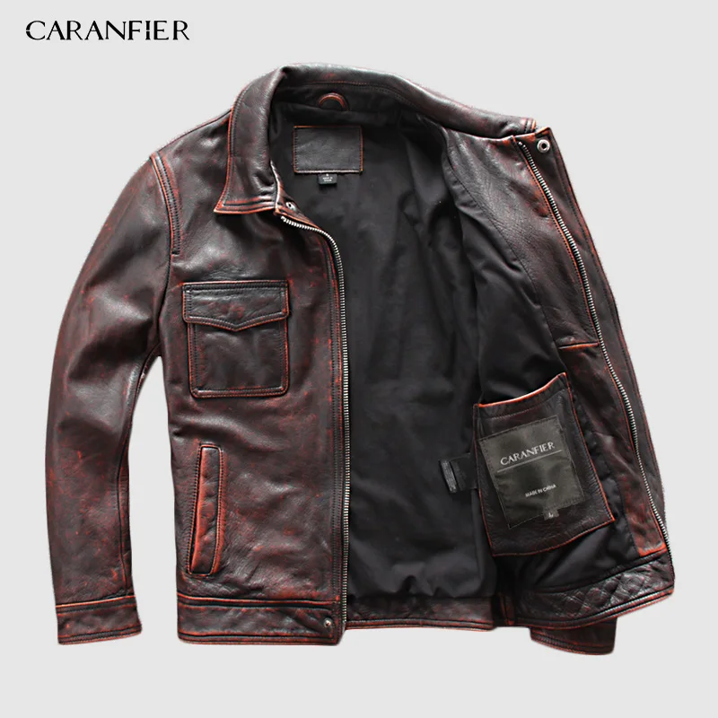 

CARANFIER DHL Free Shipping Mens 100% Cowhide Genuine Leather Jacket Luminous letters safety tips motorcycle leather jacket 3XL