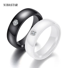 Anel feminino de cerâmica, anel colorido preto e branco com grande cristal, largura de 6mm 6-10 presente para homens