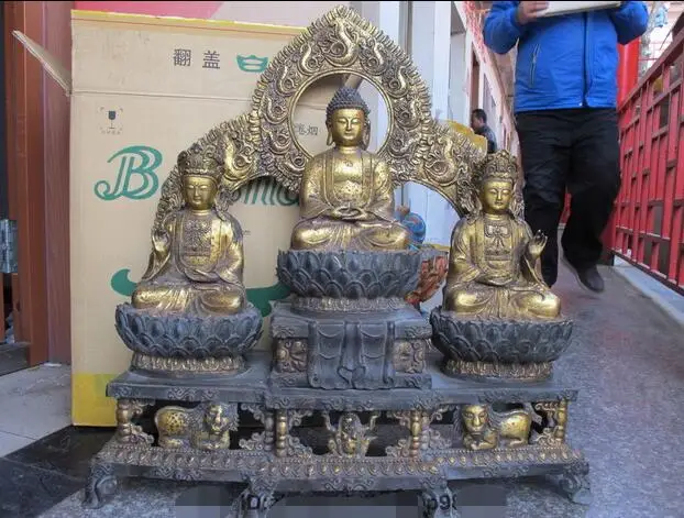 

Tibet Bronze Gilded Buddhism Three Saints of West Guanyin Shakyamuni Statue