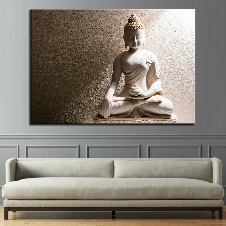 1 Pieces Modern Home Decor Pictures For Living Room White Marble Buddha Wall Art Posters HD Canvas Oil Paintings Framed