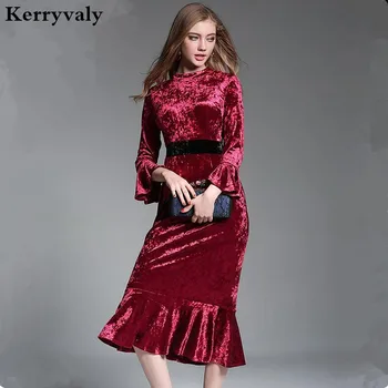 

Winter Long Sleeve Red Mermaid Velvet Dress Womens Dresses New Arrival 2020 Vestidos Mujer Casual Party Dresses K3829