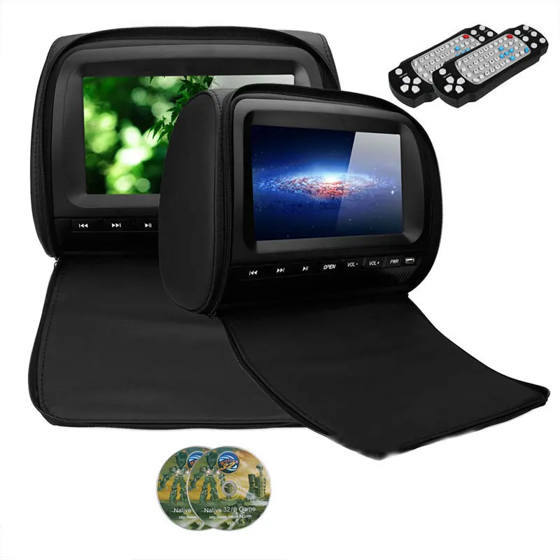 XST 2PCS 9 Inch Car Headrest Monitor MP5 DVD Video Player 800x480 Zipper Cover TFT LCD Screen IR/FM/USB/SD/Speaker/Game - Color: Black no headphone